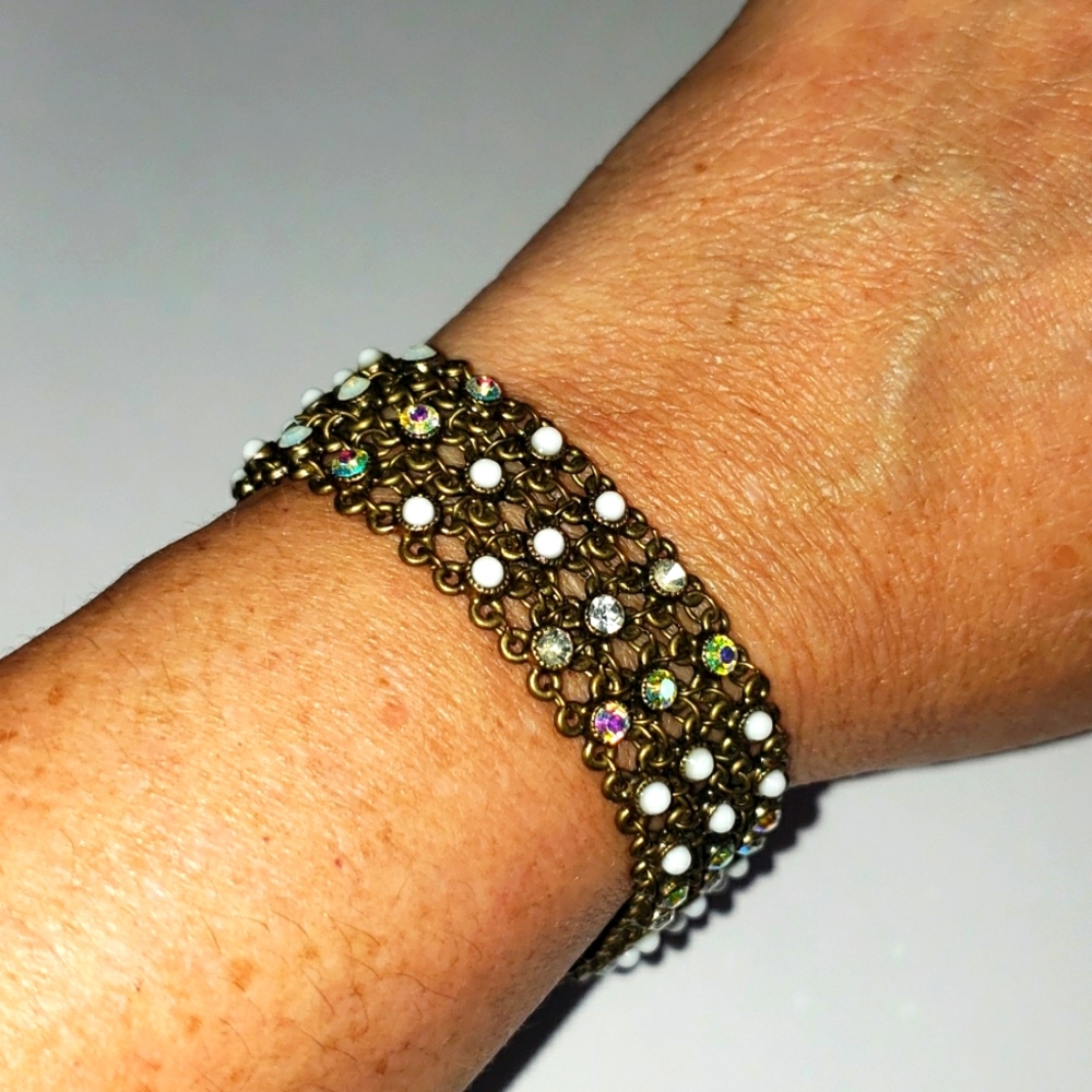 NWT LAUREN G ADAMS PEWTER BRACELET PEARL AND CRYSTAL